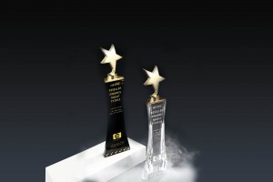 Customized crystal glass trophy with star shape on top of square base